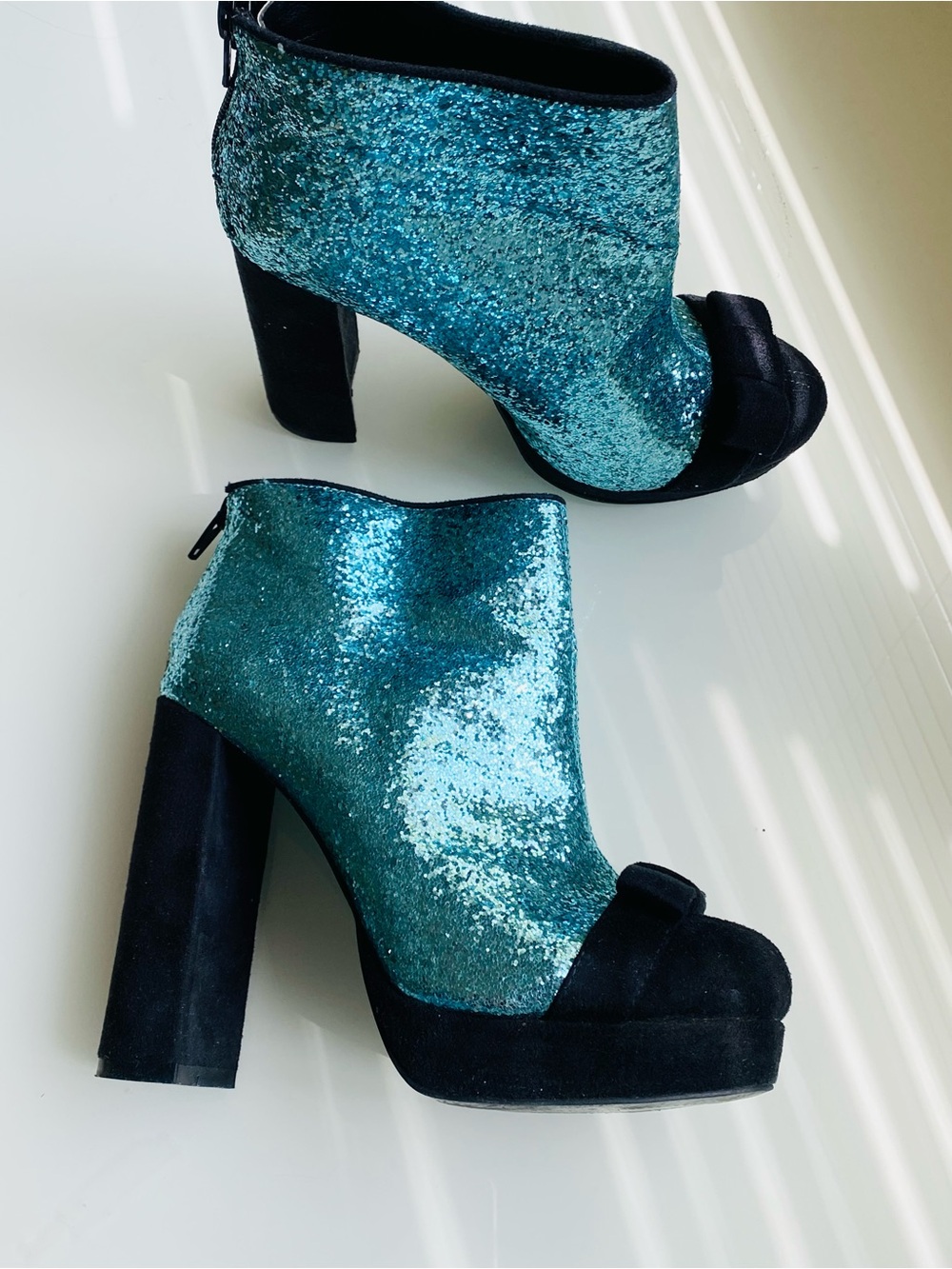 ASOS Blue Glitter Platform Ankle Boots with Black Suede Trim SZ 4/ US 7
